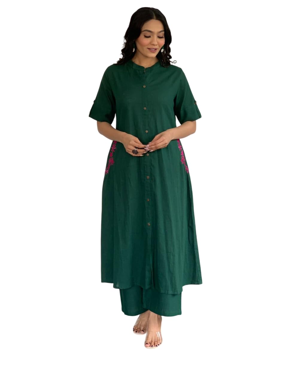 AshLova Women's Cotton Embroiderd Long A-Line Kurti with Palazzo