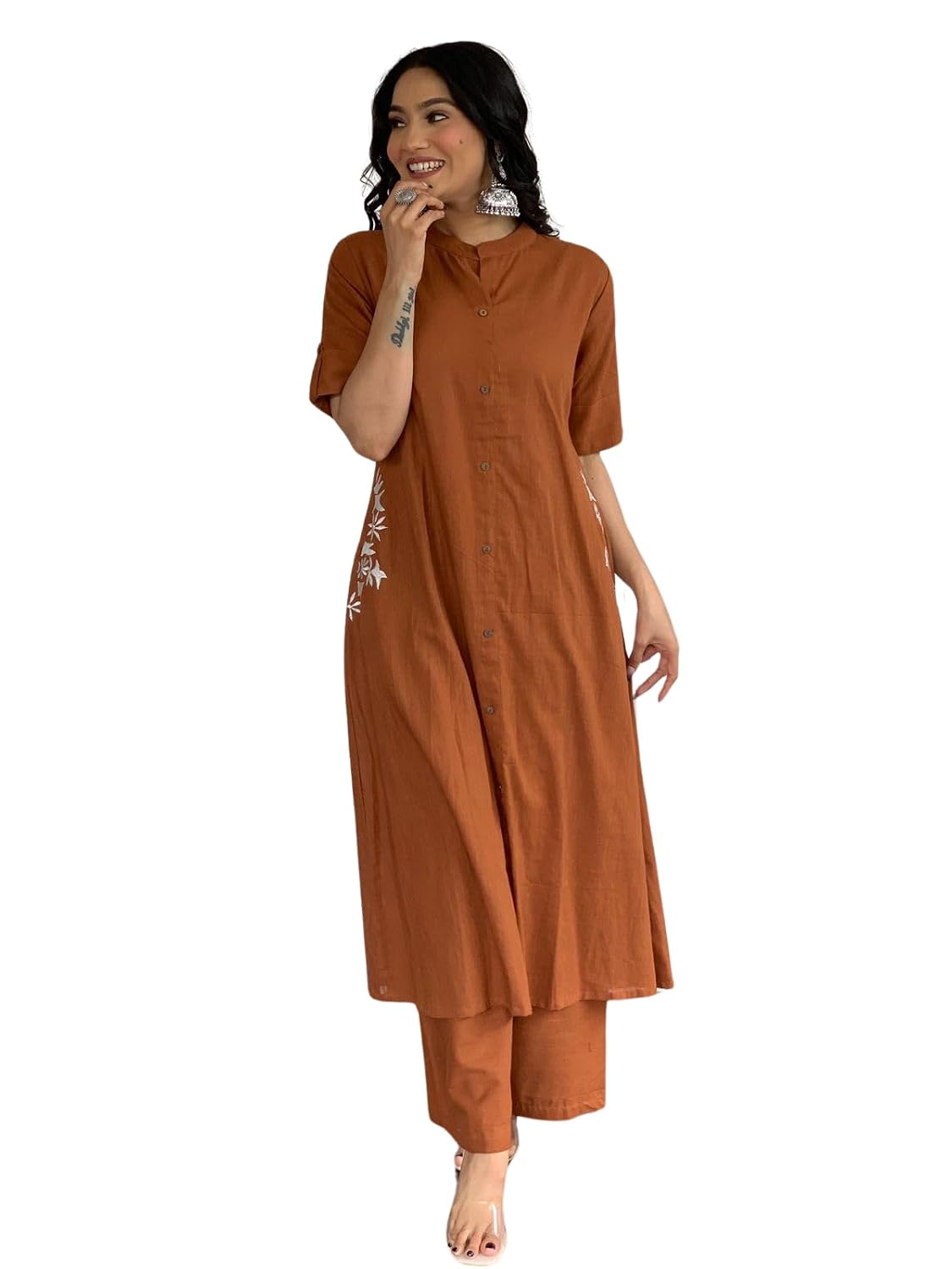 AshLova Women's Cotton Printed A-Line Kurti with Pant (Orange-XL)