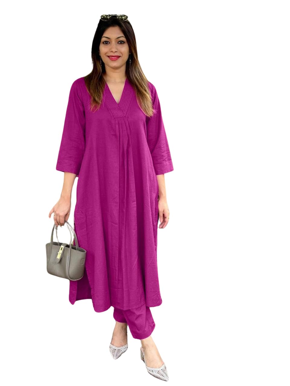 AshLova Women's Cotton Plain Coard Set A-Line Straight Kurti with Pant
