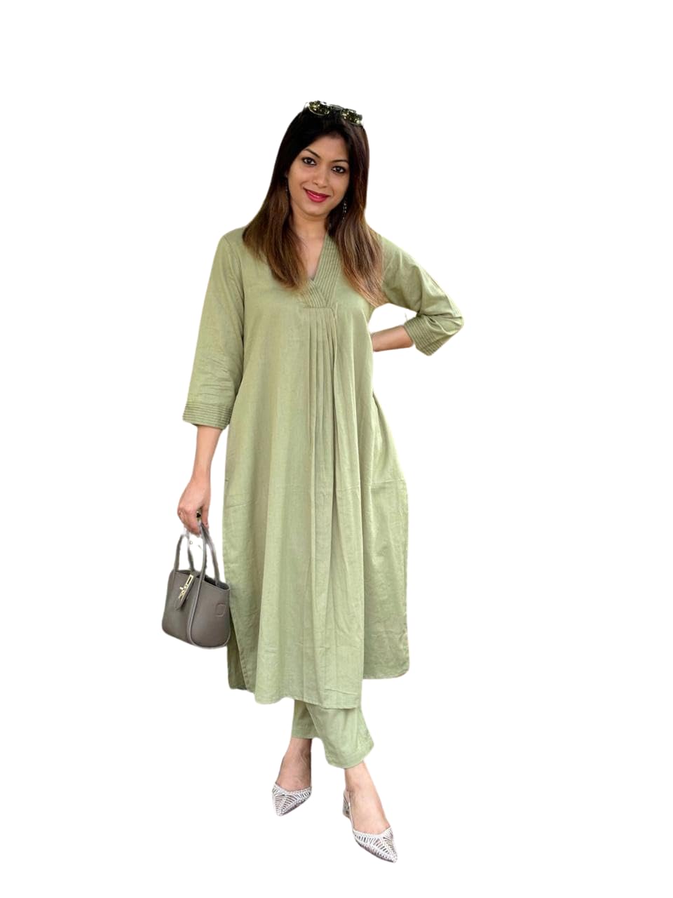 AshLova Women's Cotton Plain Coard Set A-Line Straight Kurti with Pant