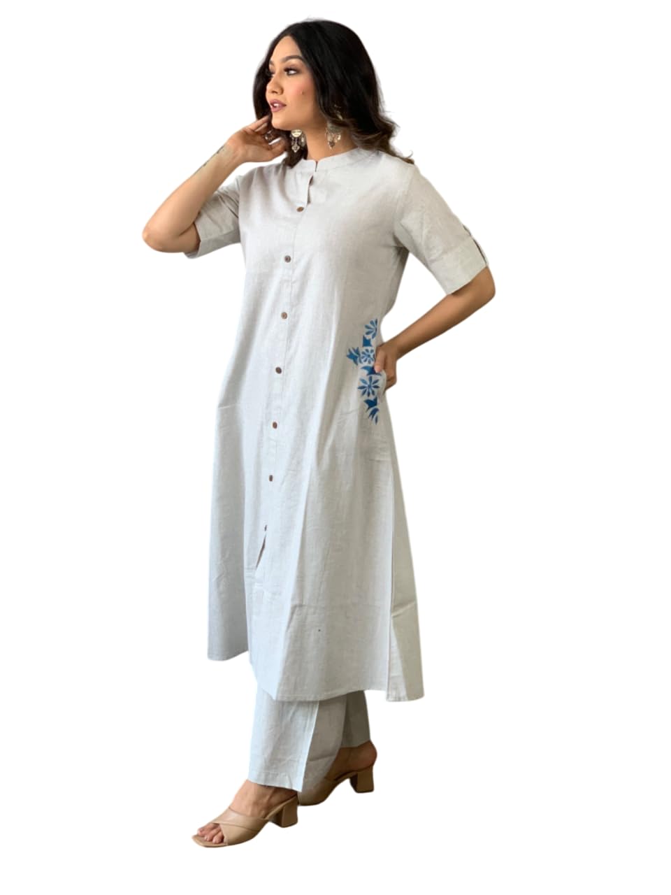 AshLova Women's Cotton Embroiderd Long A-Line Kurti with Palazzo