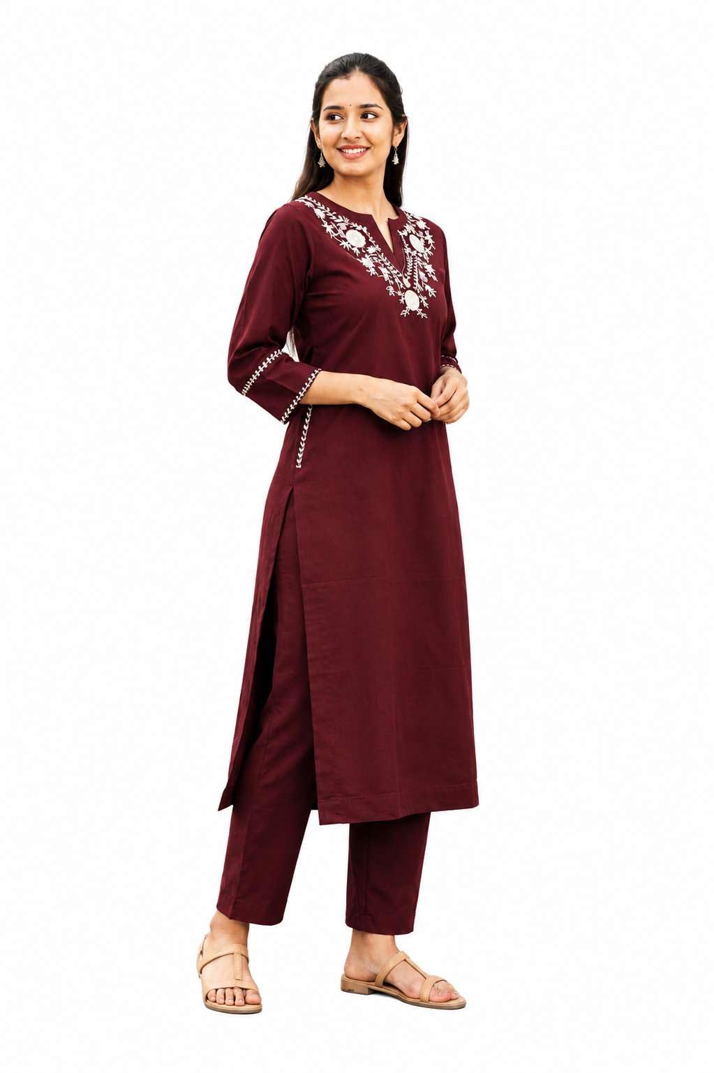 AshLova Women's Cotton Embroidered Straight Kurti With Pant