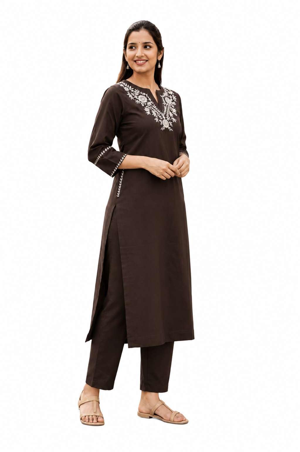 AshLova Women's Cotton Embroidered Straight Kurti With Pant