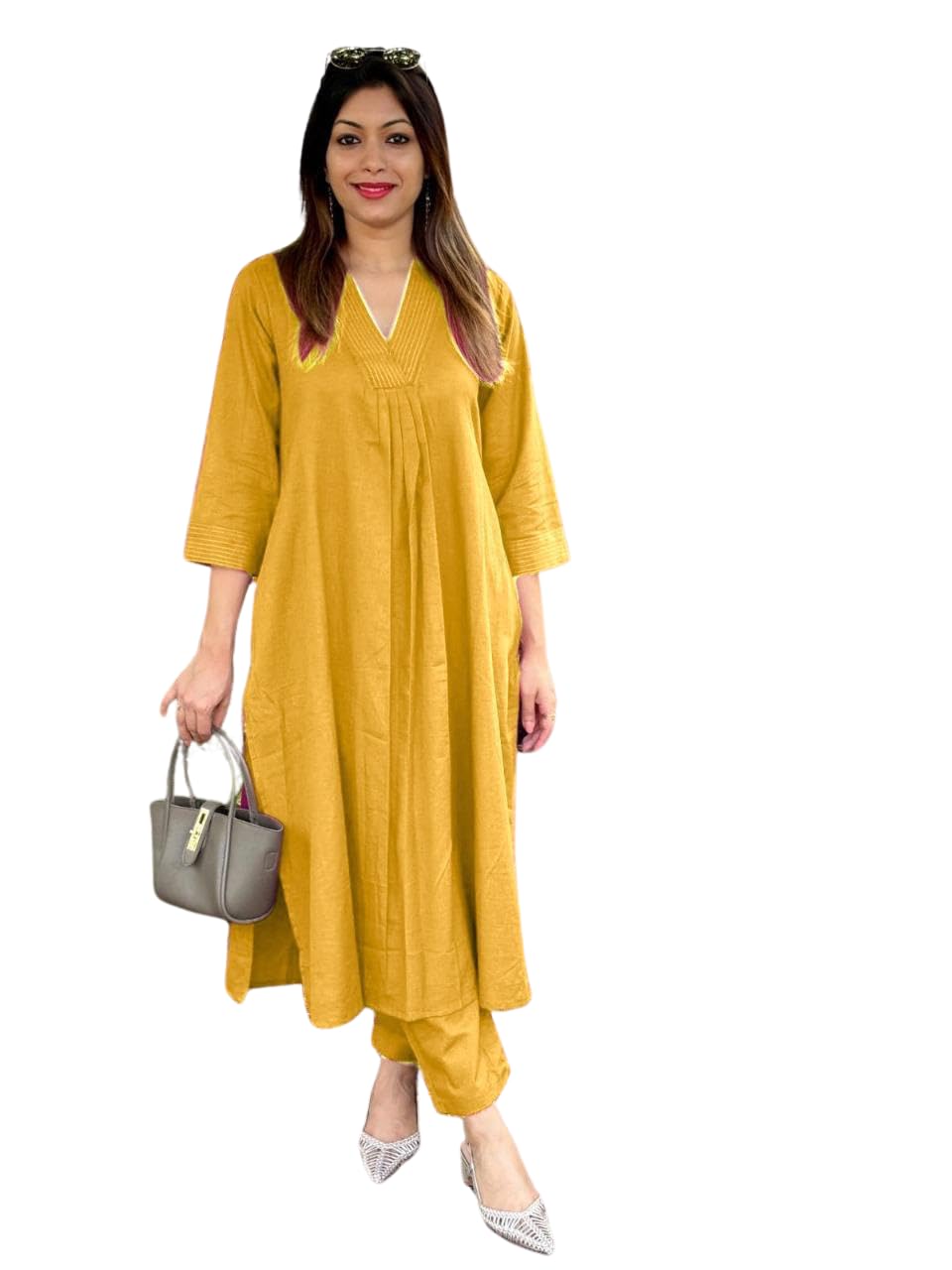 AshLova Women's Cotton Plain Coard Set A-Line Straight Kurti with Pant