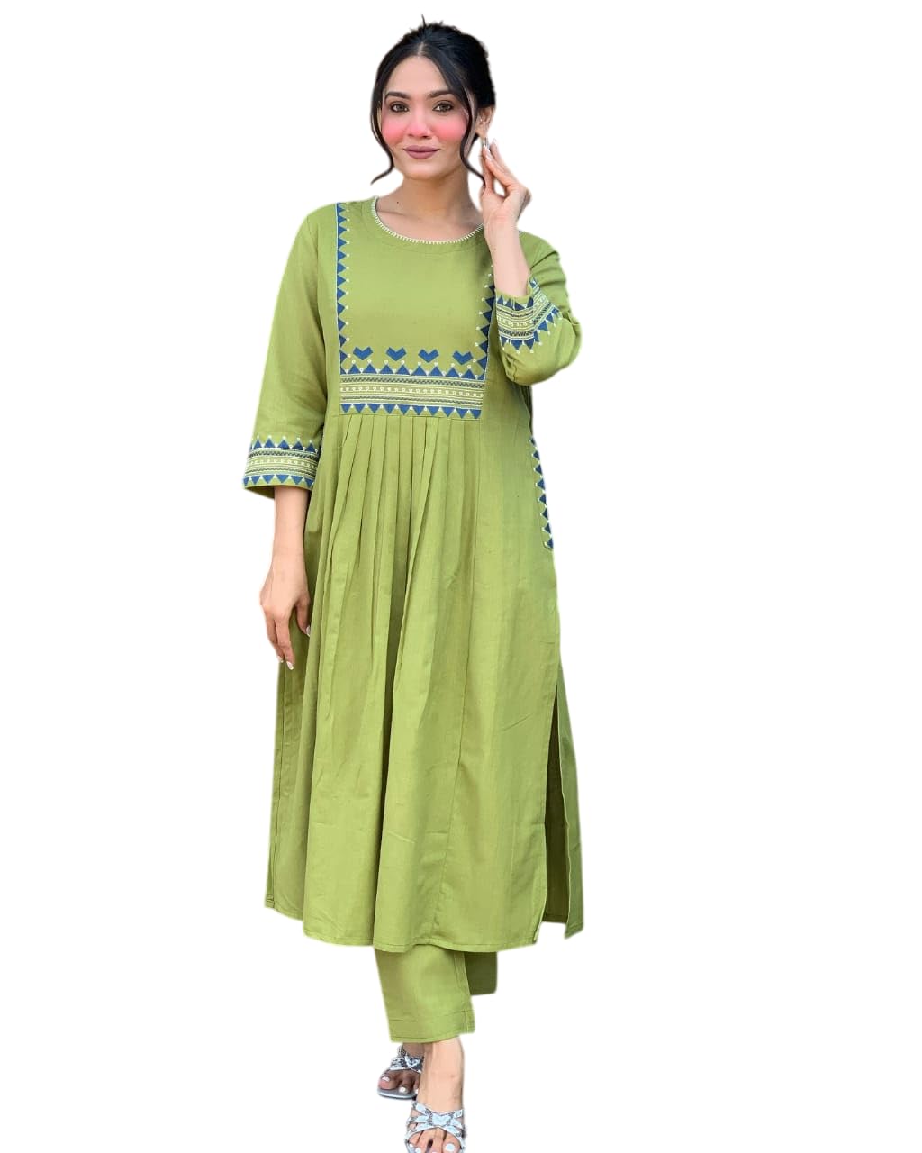 AshLova Women's Rayon Embroidered A-Line Kurti with Pant Set