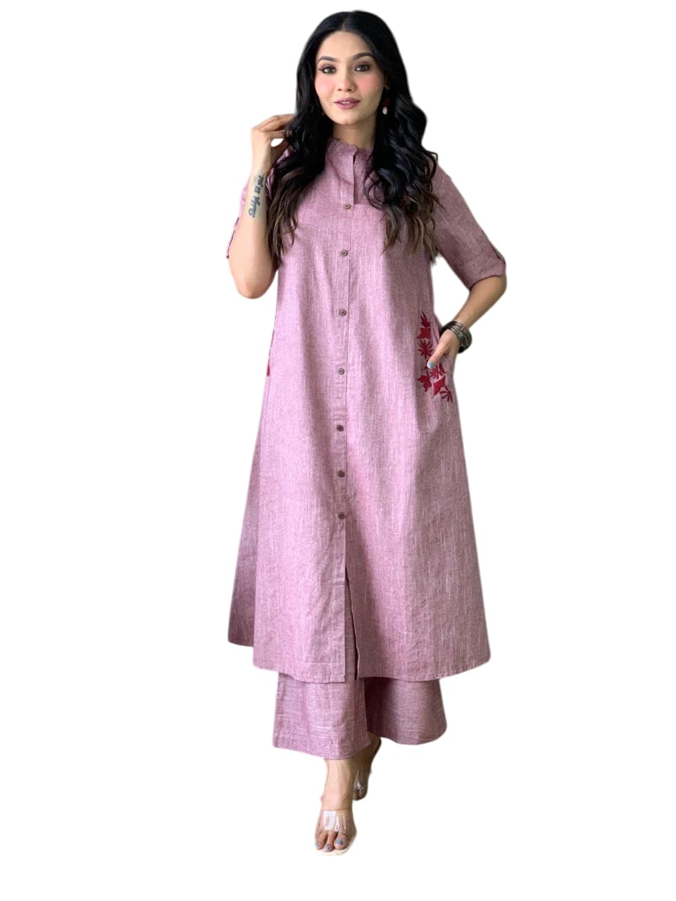 AshLova Women's Cotton Embroiderd Long A-Line Kurti with Palazzo