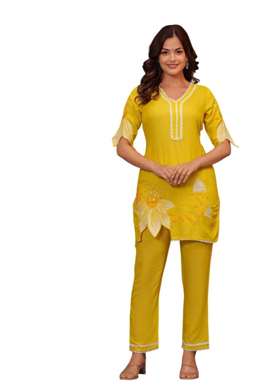 AshLova Women's Cotton Floral Printed Short Straight Kurti with Pant