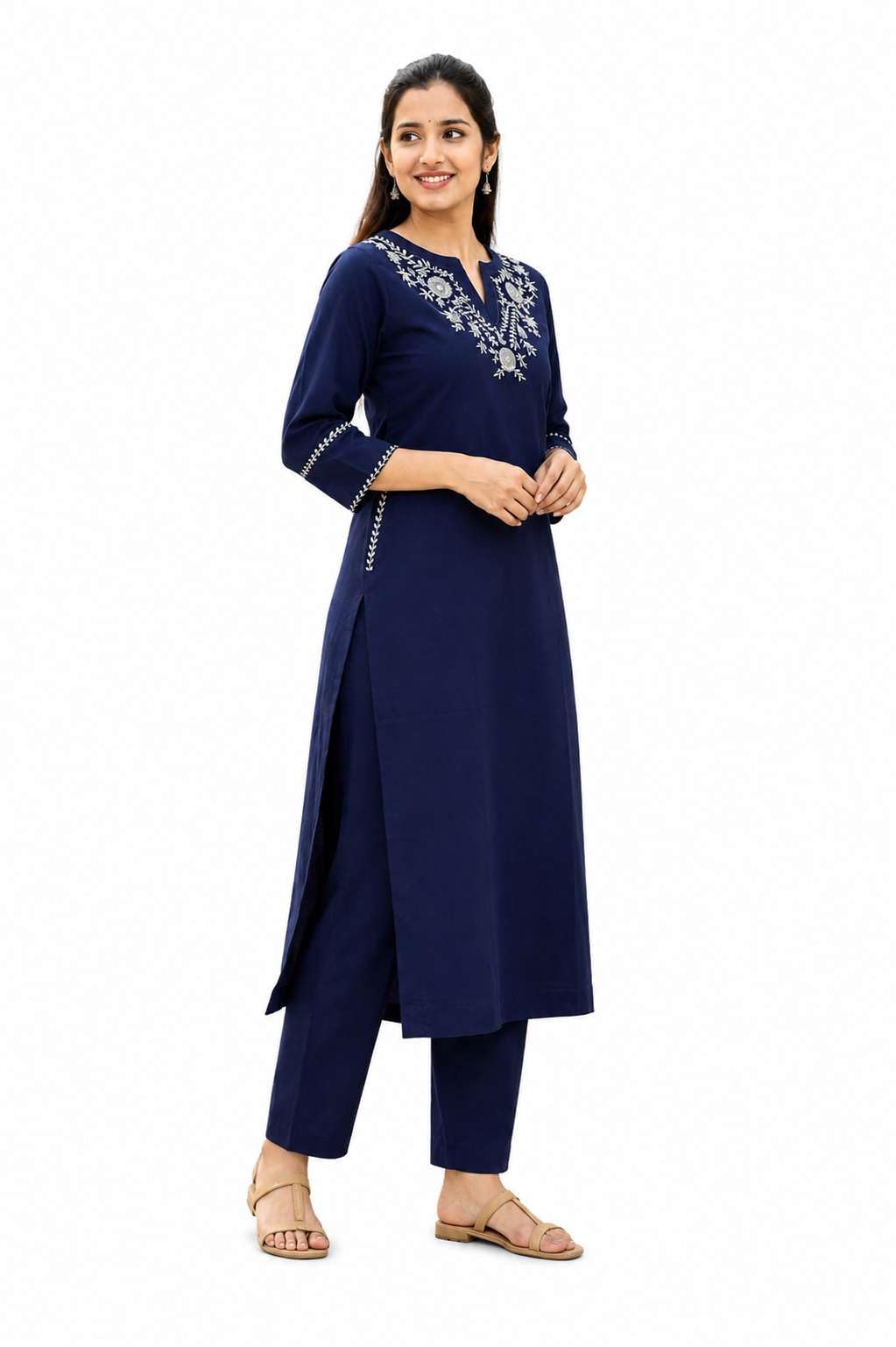 AshLova Women's Cotton Embroidered Straight Kurti With Pant