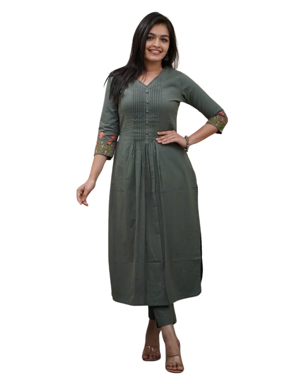AshLova Women's Cotton a-line Flared Straight Kurti with Pant