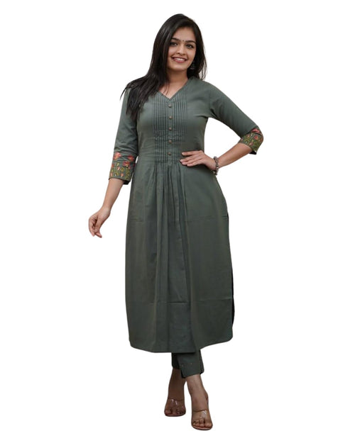 AshLova Women's Cotton a-line Flared Straight Kurti with Pant