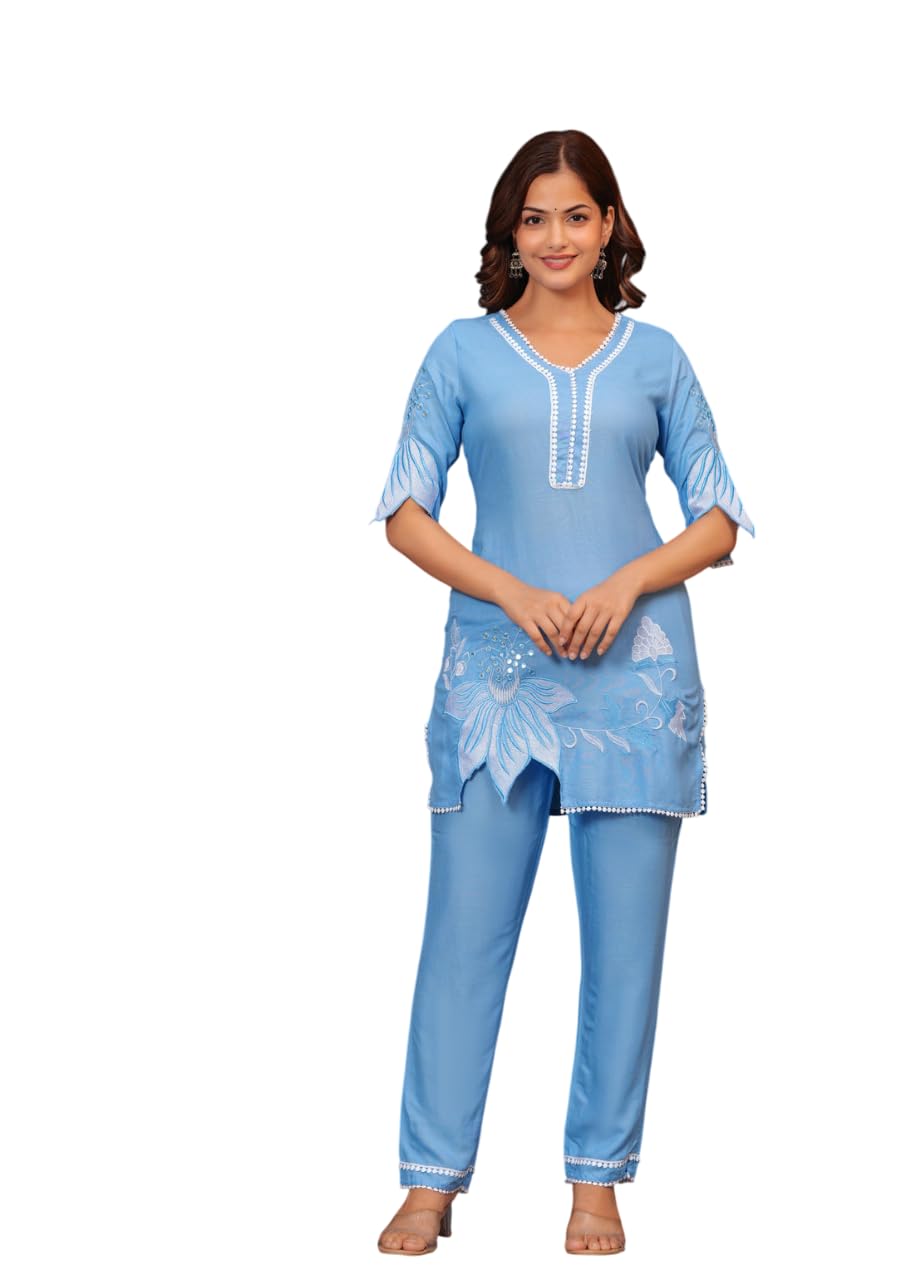 AshLova Women's Cotton Floral Printed Short Straight Kurti with Pant