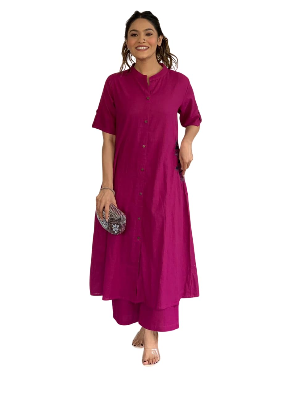 AshLova Women's Cotton Embroiderd Long A-Line Kurti with Palazzo