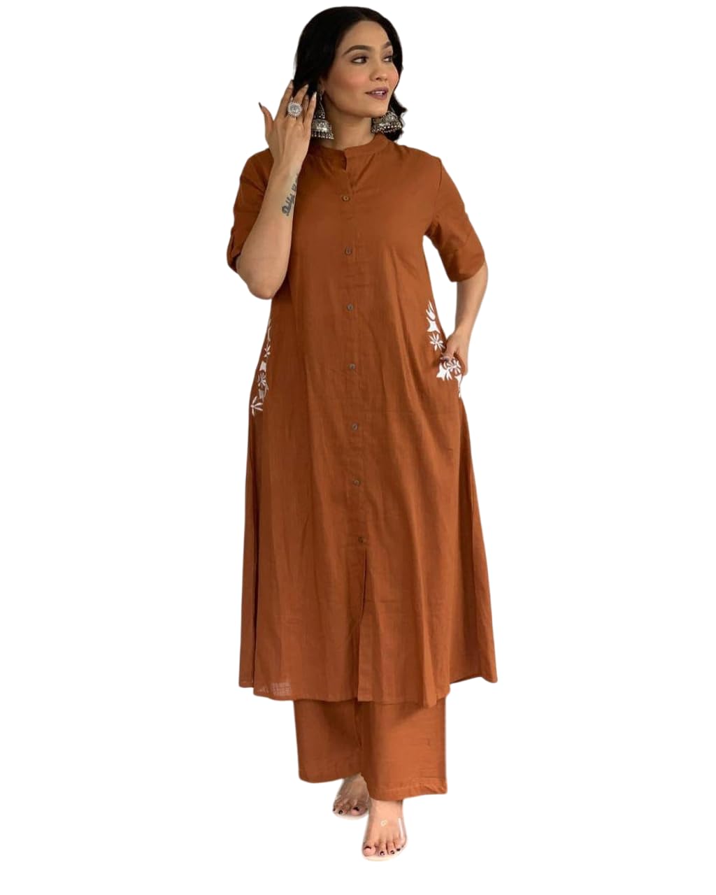 AshLova Women's Cotton Embroiderd Long A-Line Kurti with Palazzo