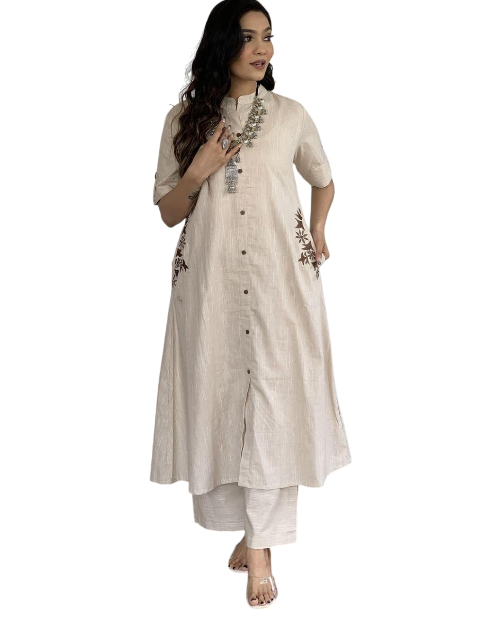 AshLova Women's Cotton Embroiderd Long A-Line Kurti with Palazzo