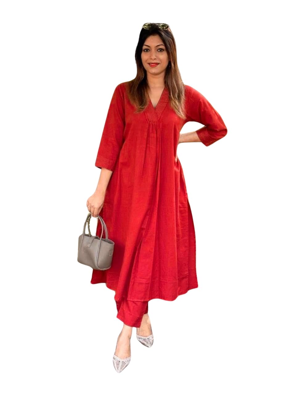 AshLova Women's Cotton Plain Coard Set A-Line Straight Kurti with Pant