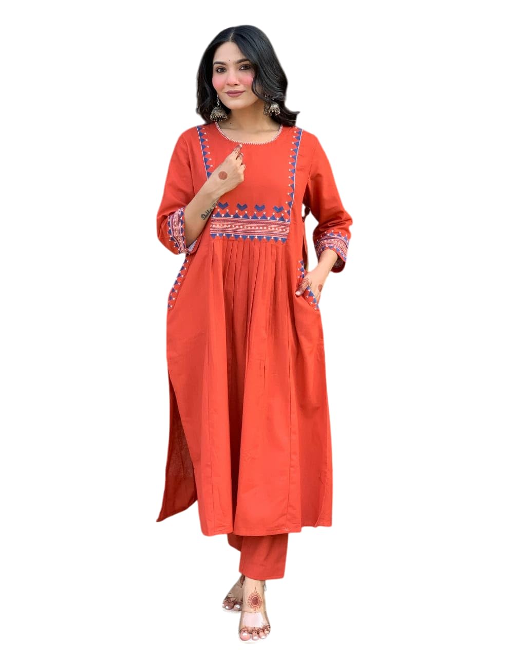 AshLova Women's Rayon Embroidered A-Line Kurti with Pant Set