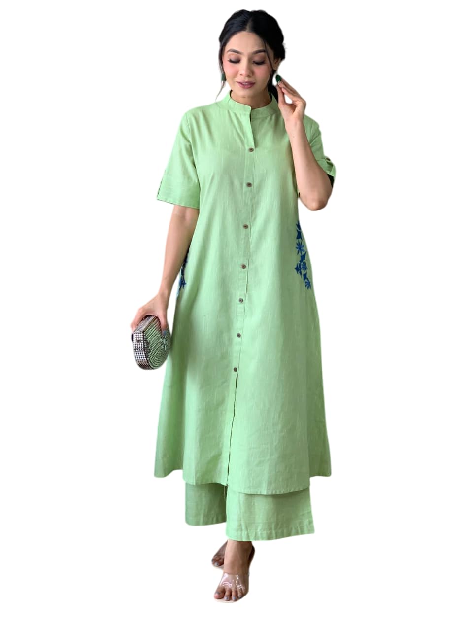 AshLova Women's Cotton Embroiderd Long A-Line Kurti with Palazzo