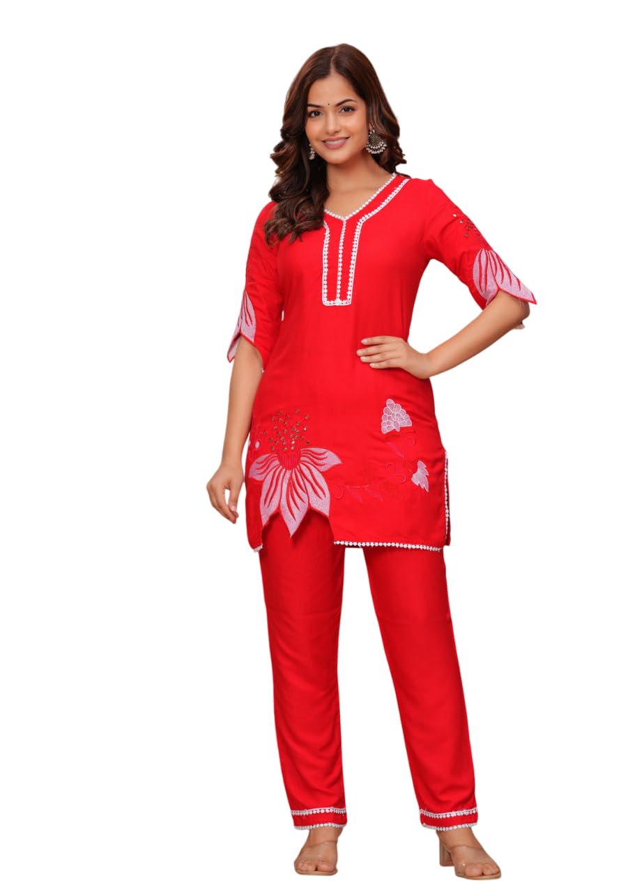 AshLova Women's Cotton Floral Printed Short Straight Kurti with Pant