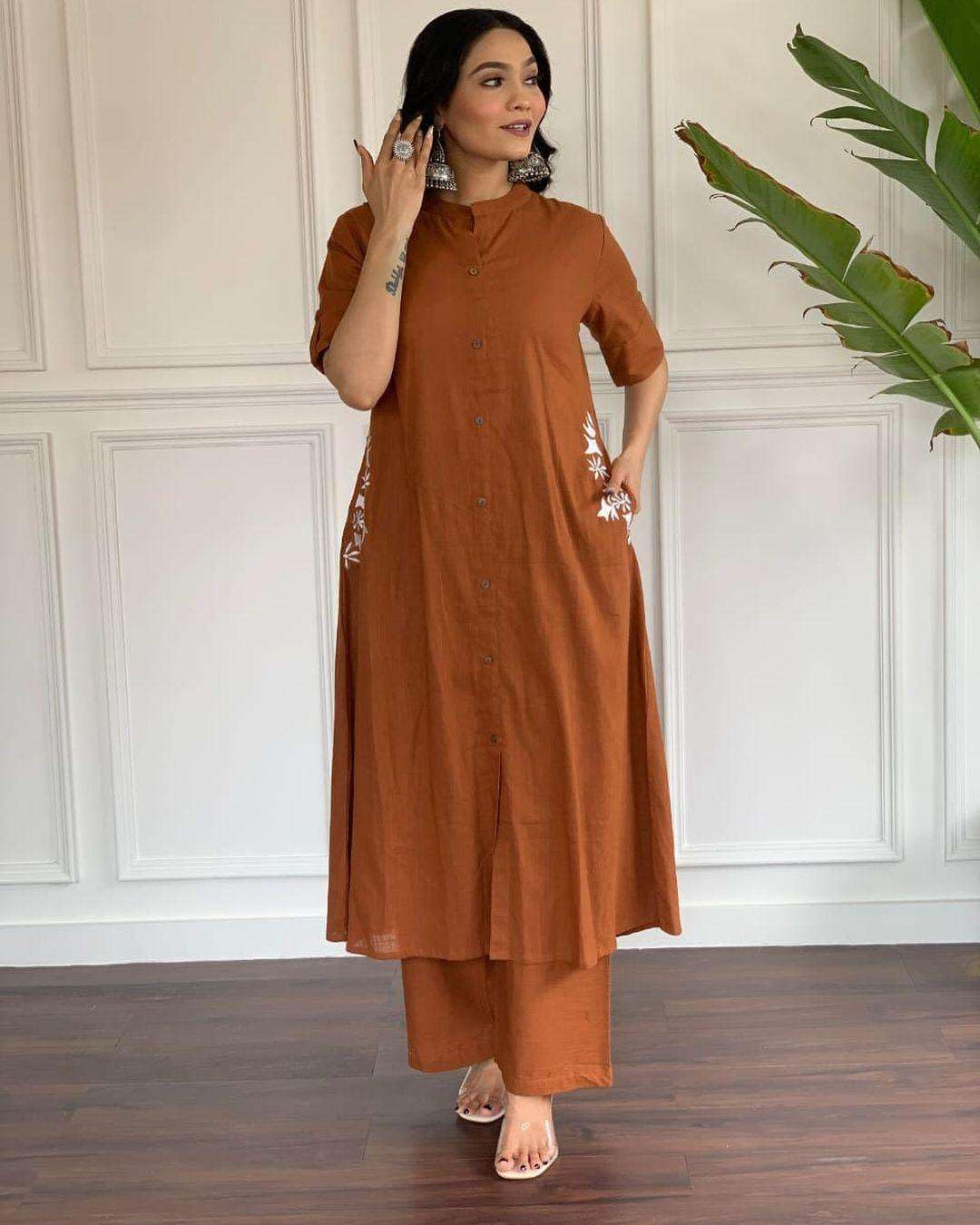 AshLova Women's Cotton Embroiderd Long A-Line Kurti with Palazzo