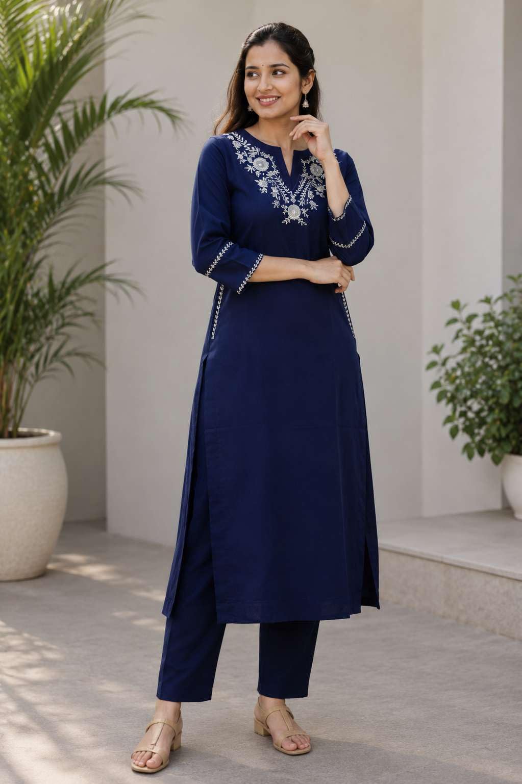 AshLova Women's Cotton Embroidered Straight Kurti With Pant