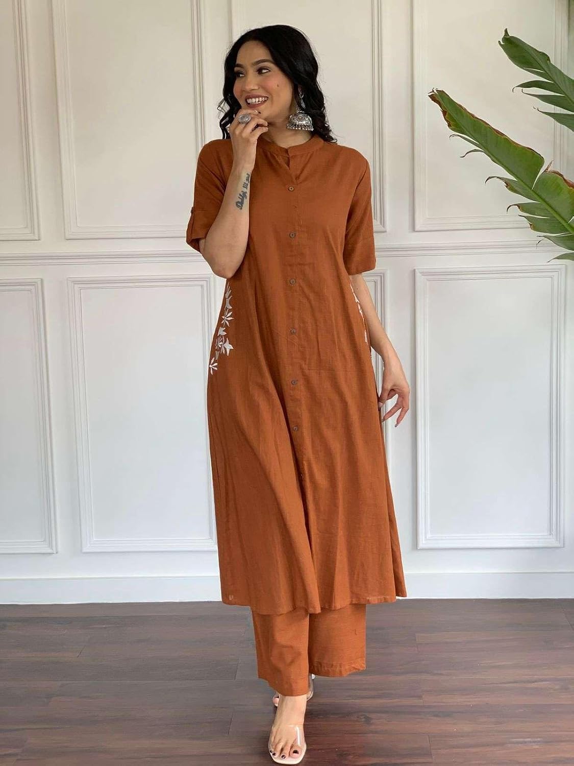 AshLova Women's Cotton Printed A-Line Kurti with Pant (Orange-XL)