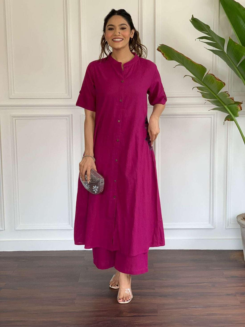 AshLova Women's Cotton Embroiderd Long A-Line Kurti with Palazzo