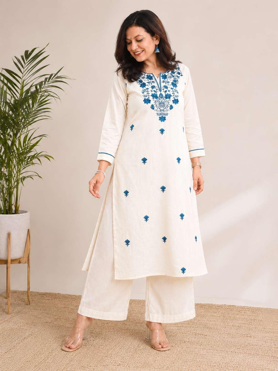 AshLova Women's Cotton Solid Flared Straight kurti with Pant