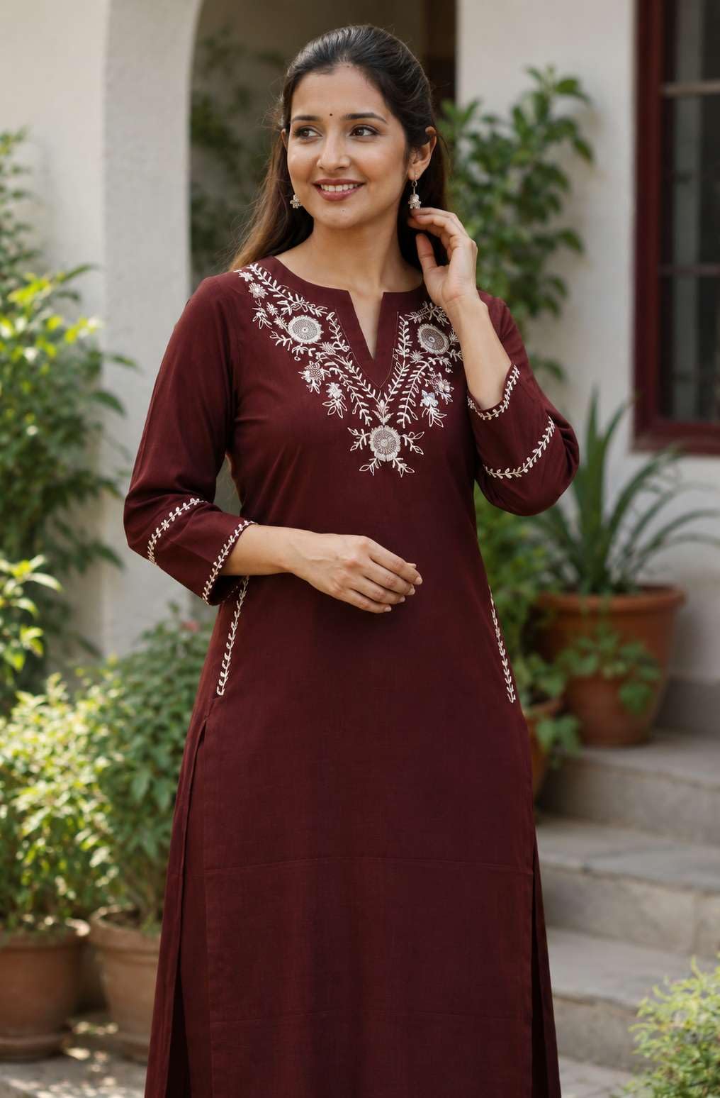 AshLova Women's Cotton Embroidered Straight Kurti With Pant