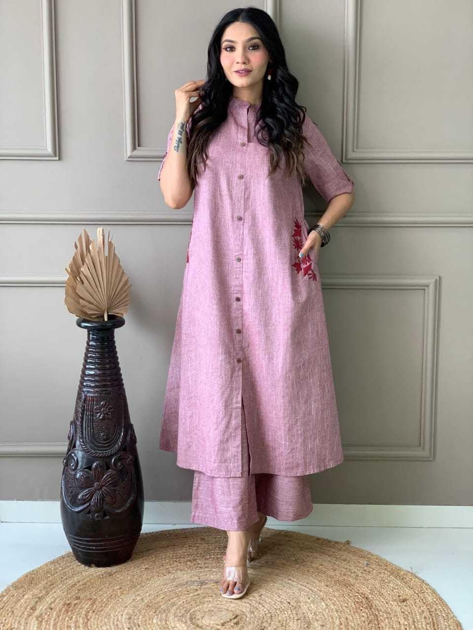 AshLova Women's Cotton Embroiderd Long A-Line Kurti with Palazzo