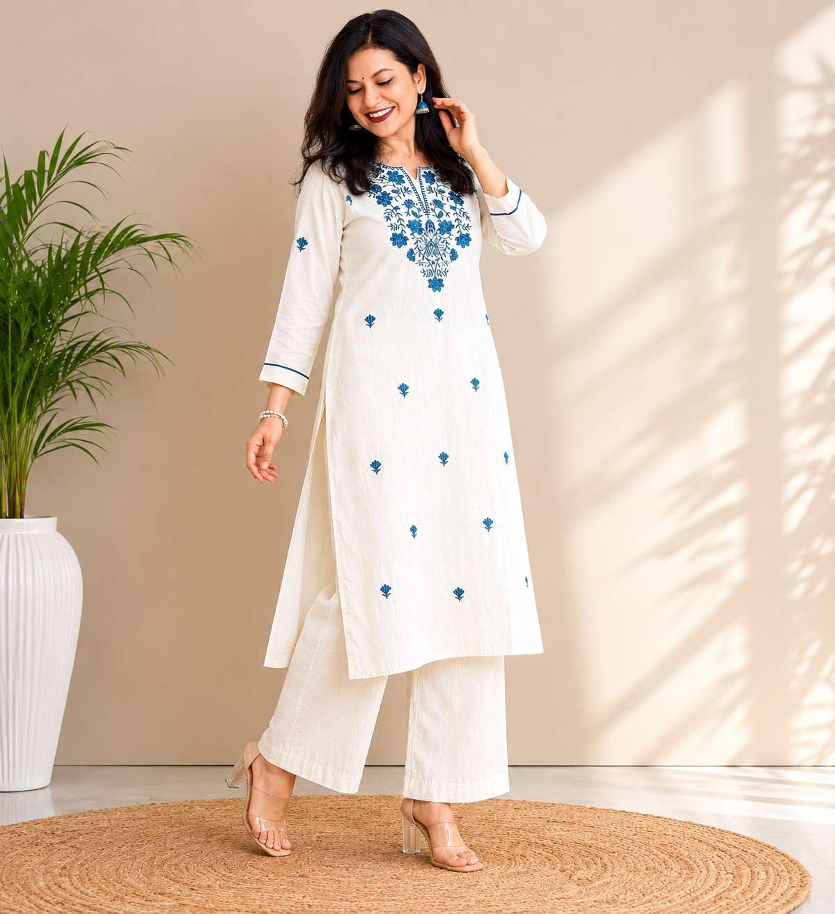 AshLova Women's Cotton Solid Flared Straight kurti with Pant