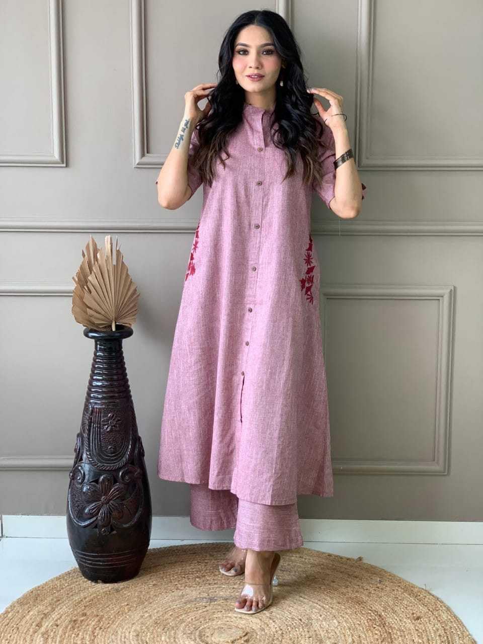 AshLova Women's Cotton Embroiderd Long A-Line Kurti with Palazzo