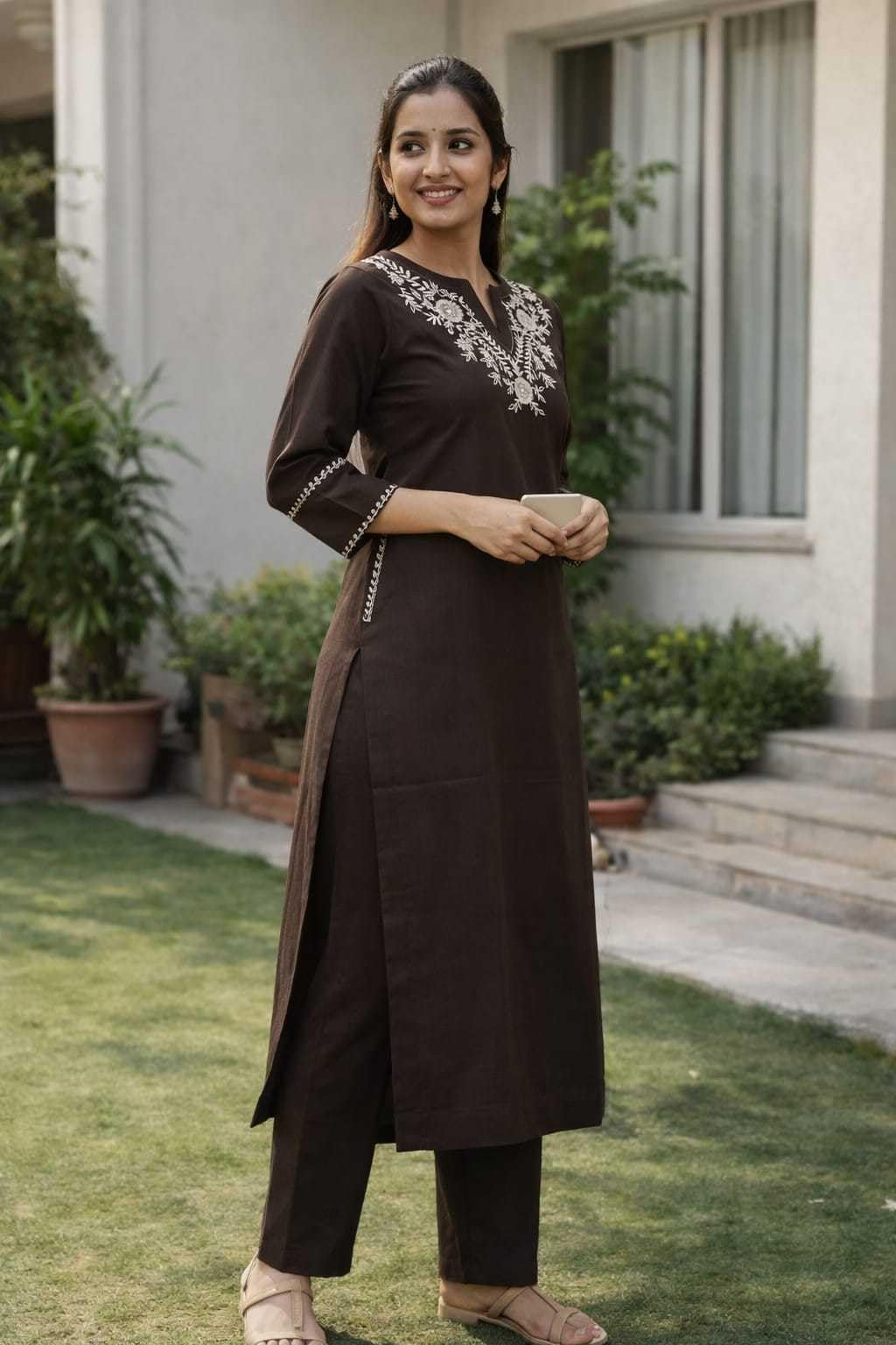 AshLova Women's Cotton Embroidered Straight Kurti With Pant
