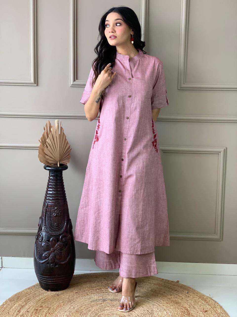 AshLova Women's Cotton Embroiderd Long A-Line Kurti with Palazzo