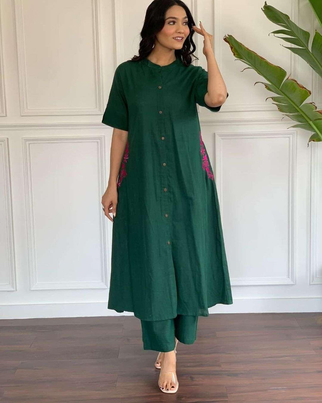 AshLova Women's Cotton Embroiderd Long A-Line Kurti with Palazzo