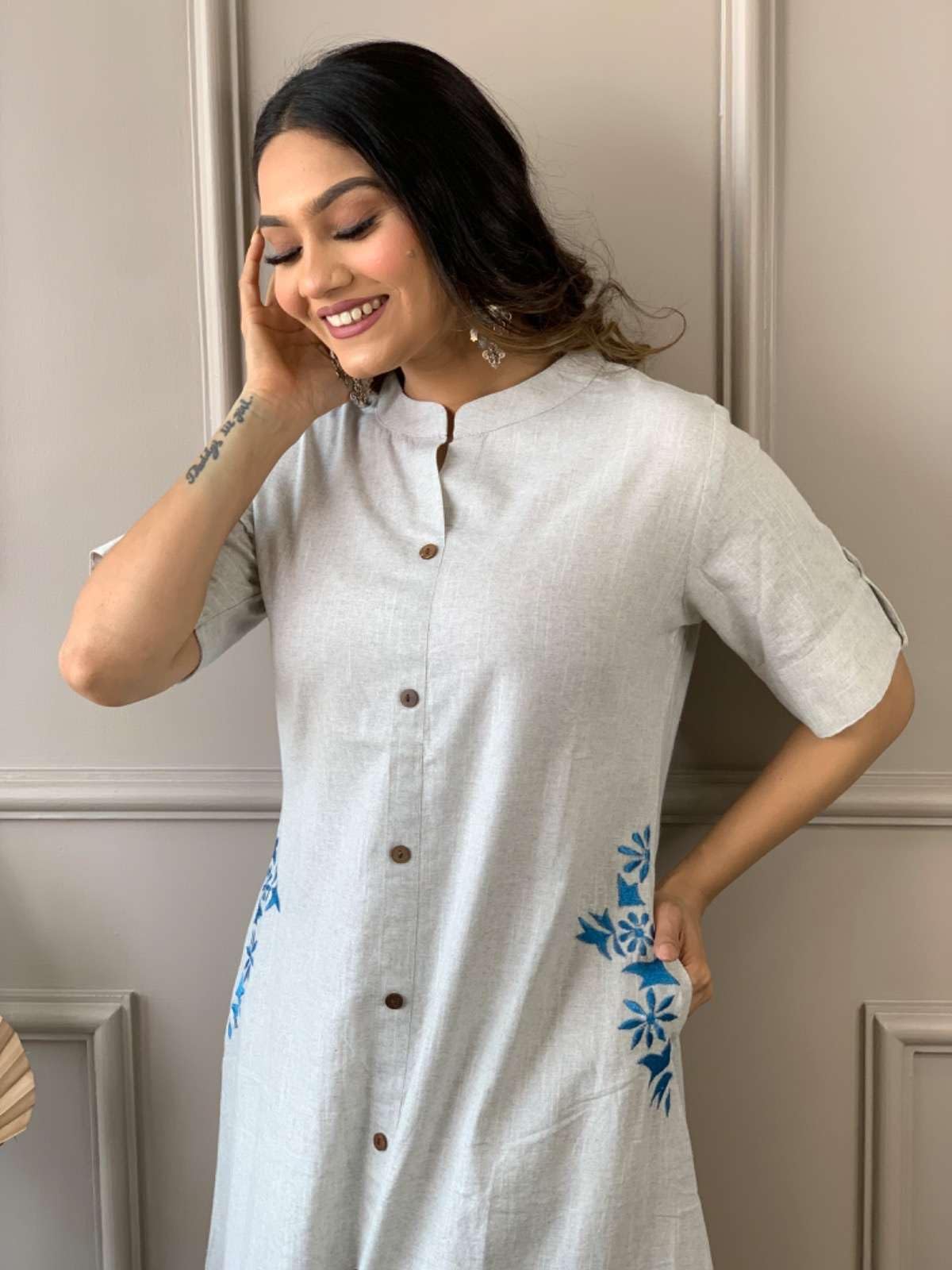 AshLova Women's Cotton Embroiderd Long A-Line Kurti with Palazzo