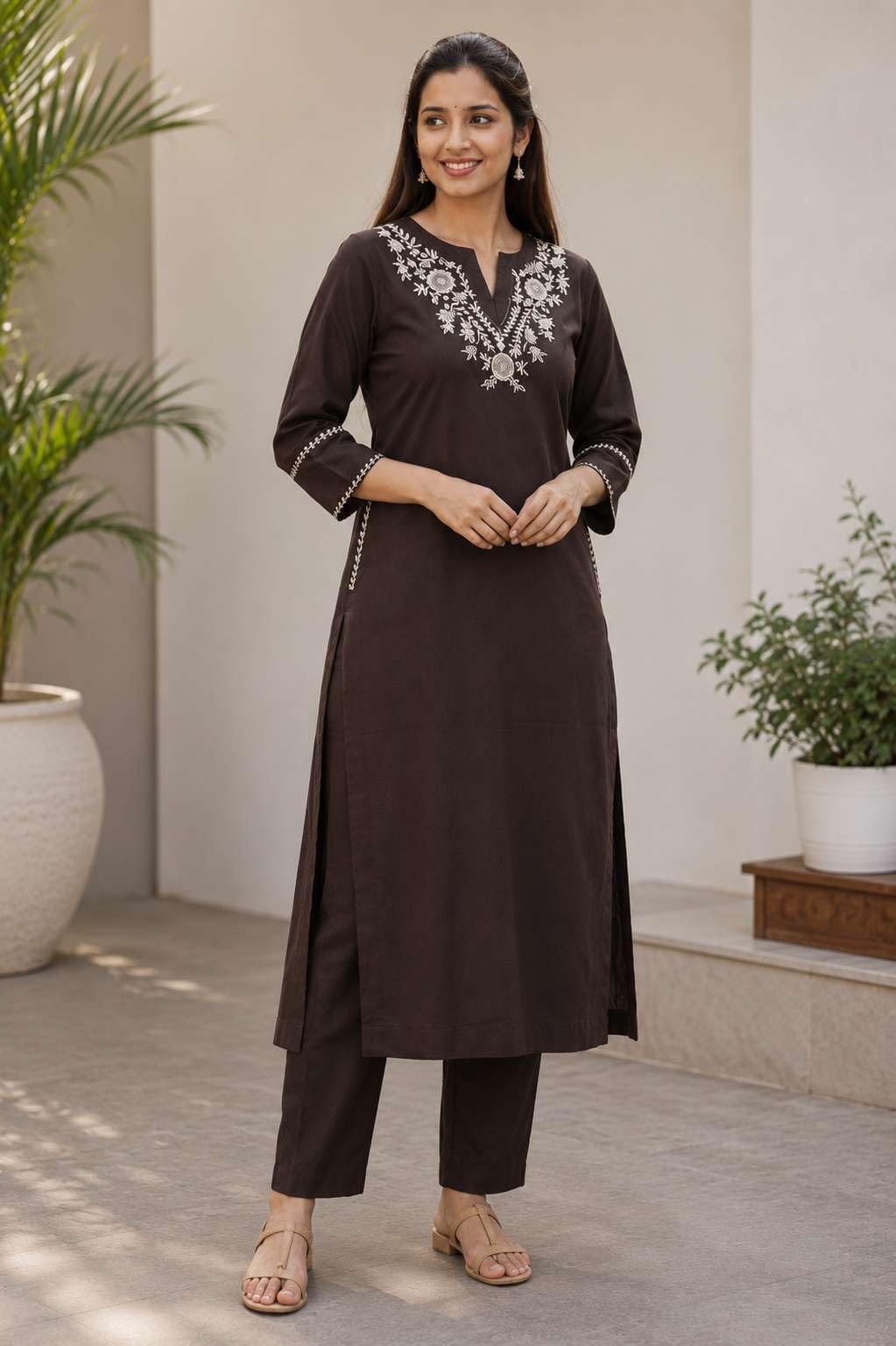 AshLova Women's Cotton Embroidered Straight Kurti With Pant