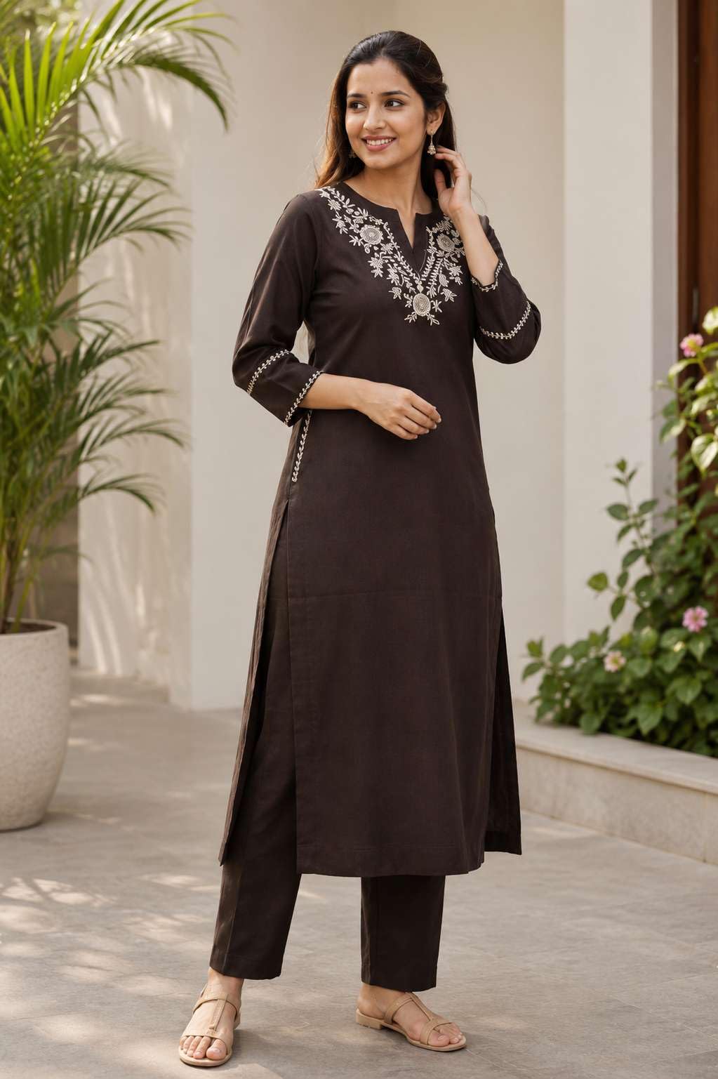 AshLova Women's Cotton Embroidered Straight Kurti With Pant