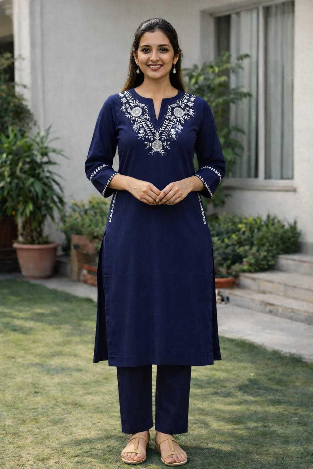 AshLova Women's Cotton Embroidered Straight Kurti With Pant
