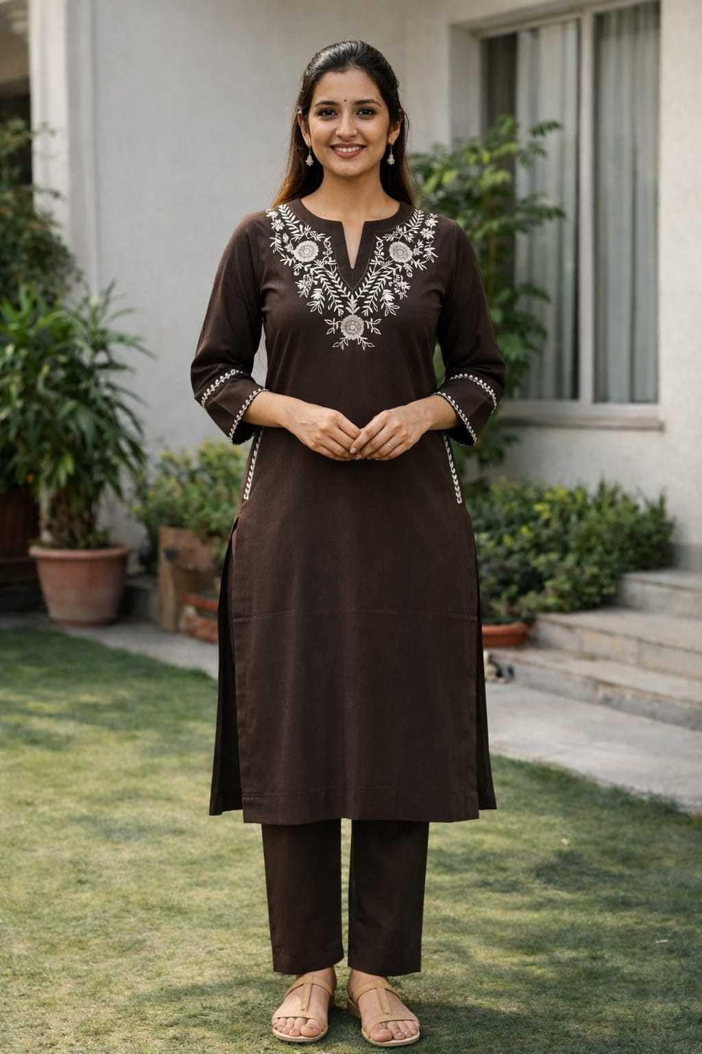 AshLova Women's Cotton Embroidered Straight Kurti With Pant