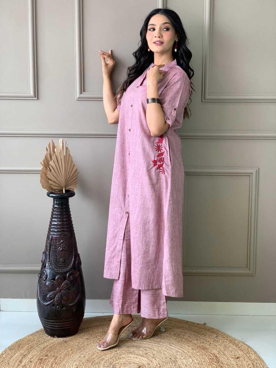 AshLova Women's Cotton Embroiderd Long A-Line Kurti with Palazzo
