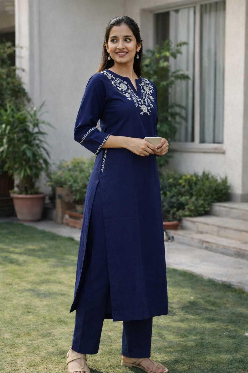 AshLova Women's Cotton Embroidered Straight Kurti With Pant