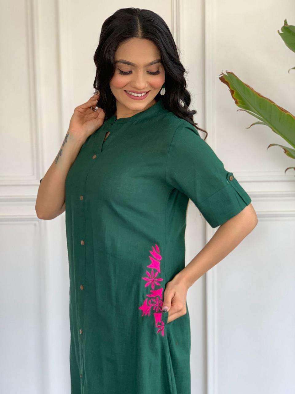 AshLova Women's Cotton Embroiderd Long A-Line Kurti with Palazzo