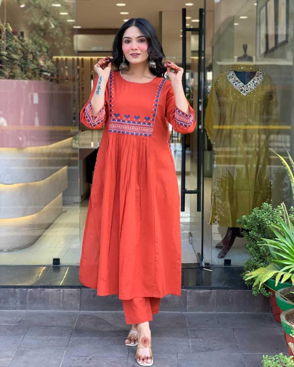 AshLova Women's Rayon Embroidered A-Line Kurti with Pant Set