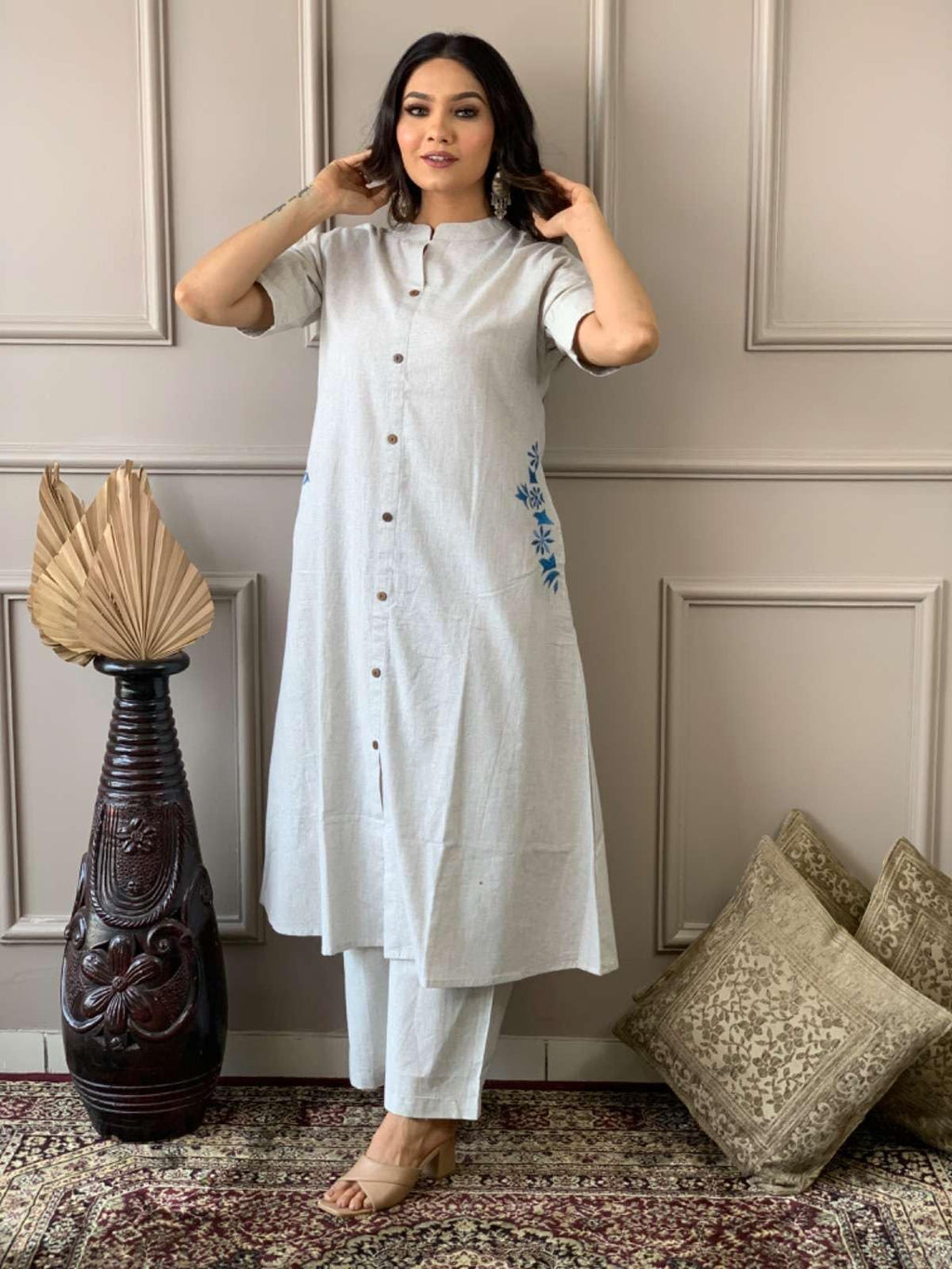 AshLova Women's Cotton Embroiderd Long A-Line Kurti with Palazzo