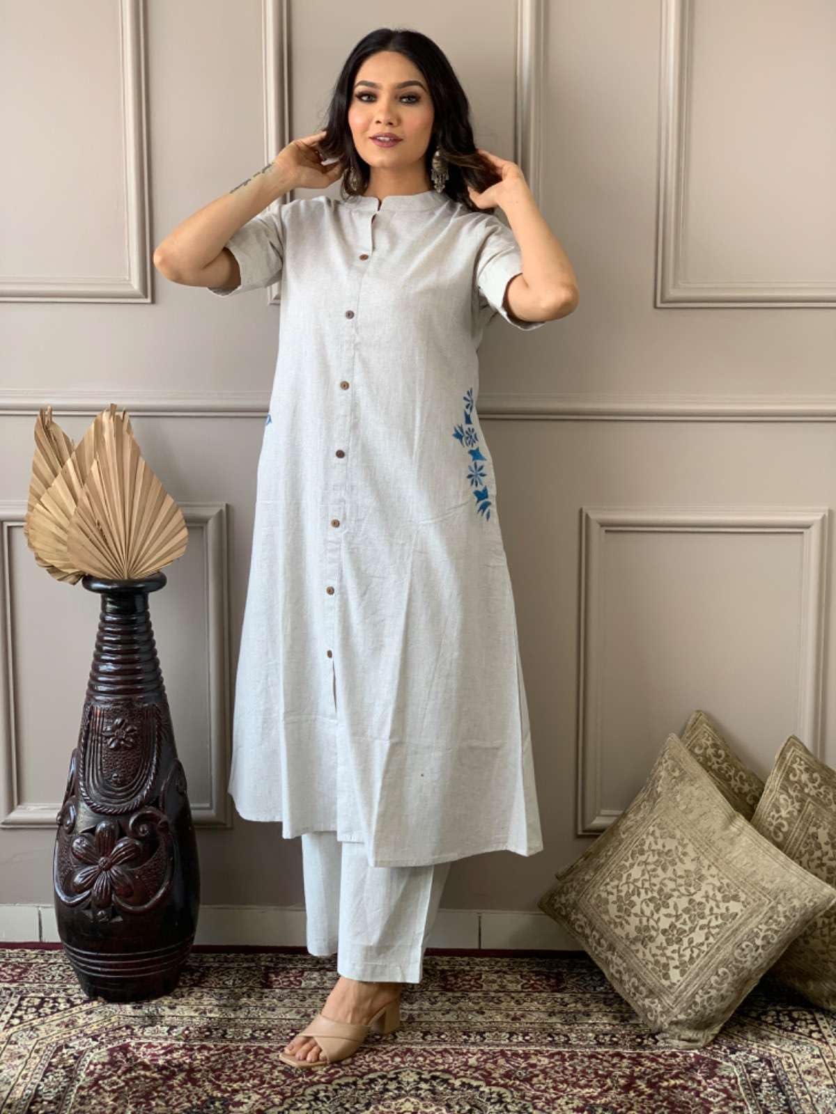 AshLova Women's Cotton Embroiderd Long A-Line Kurti with Palazzo