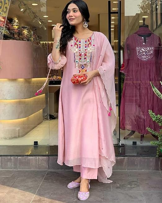 Women's Cotton Mirror Work Embroidered Straight Kurti with Pant and Dupatta Set
