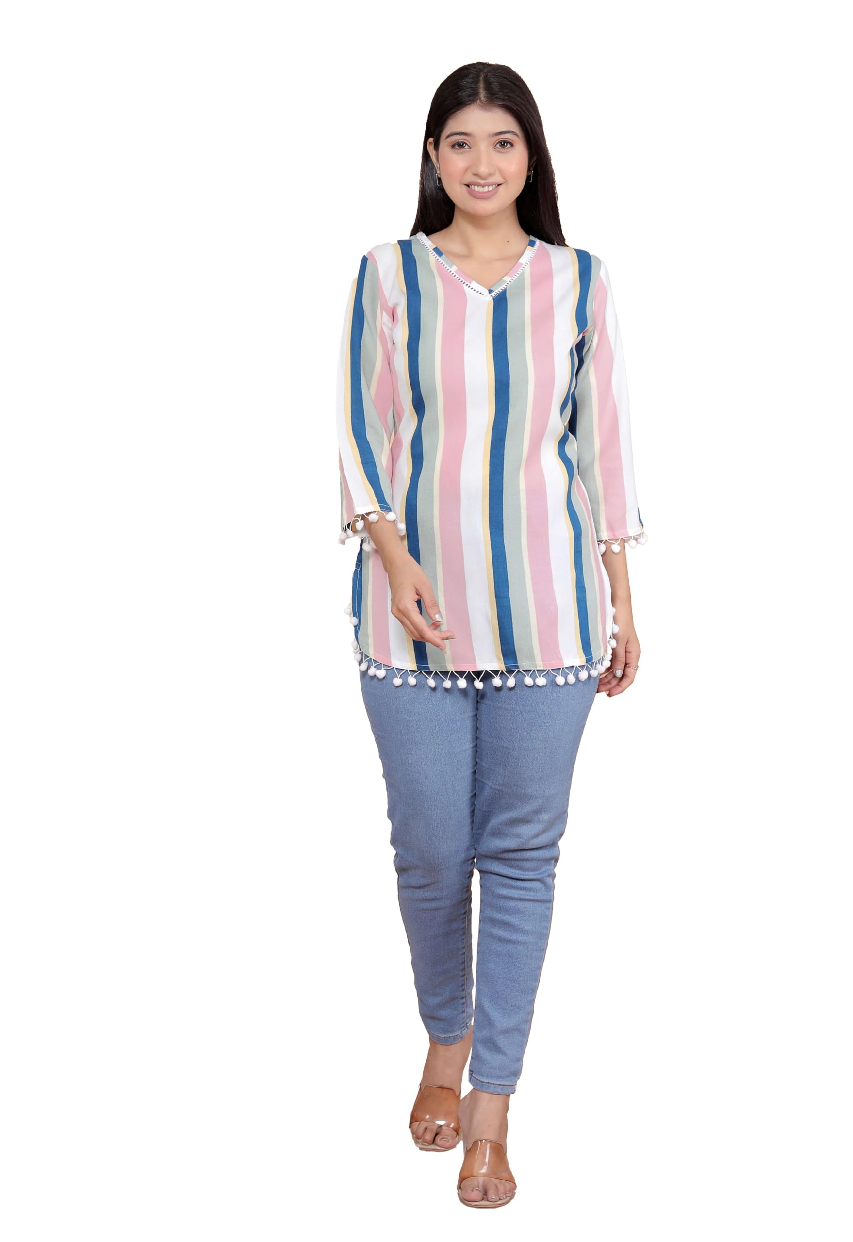 AshLova Printed Straight A line 3/4th Sleeves Kurti Perfect for Casual, Formal, and Ethnic Wear (White Pink)