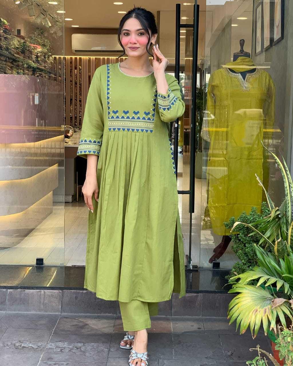 AshLova Women's Rayon Embroidered A-Line Kurti with Pant Set