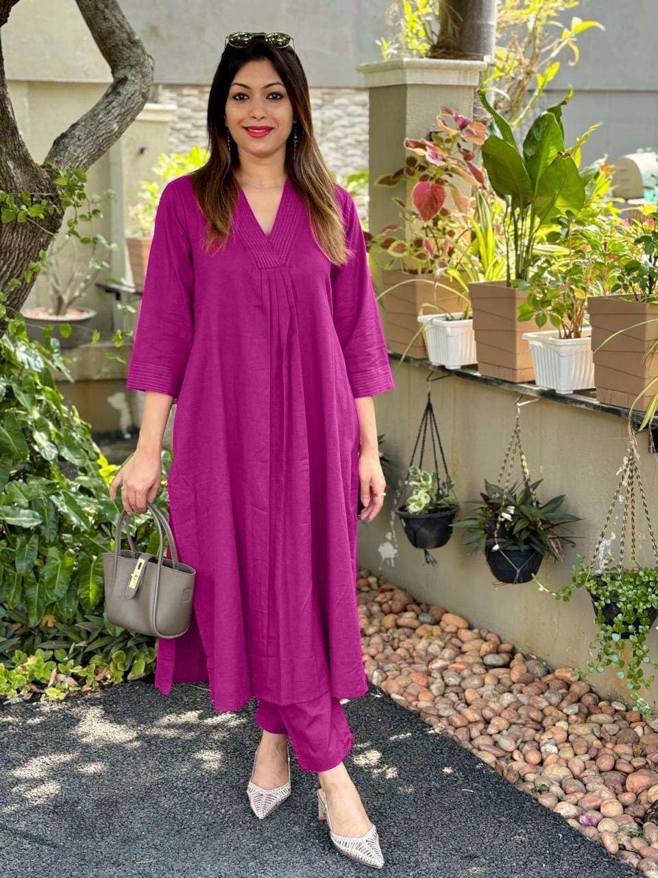 AshLova Women's Cotton Plain Coard Set A-Line Straight Kurti with Pant