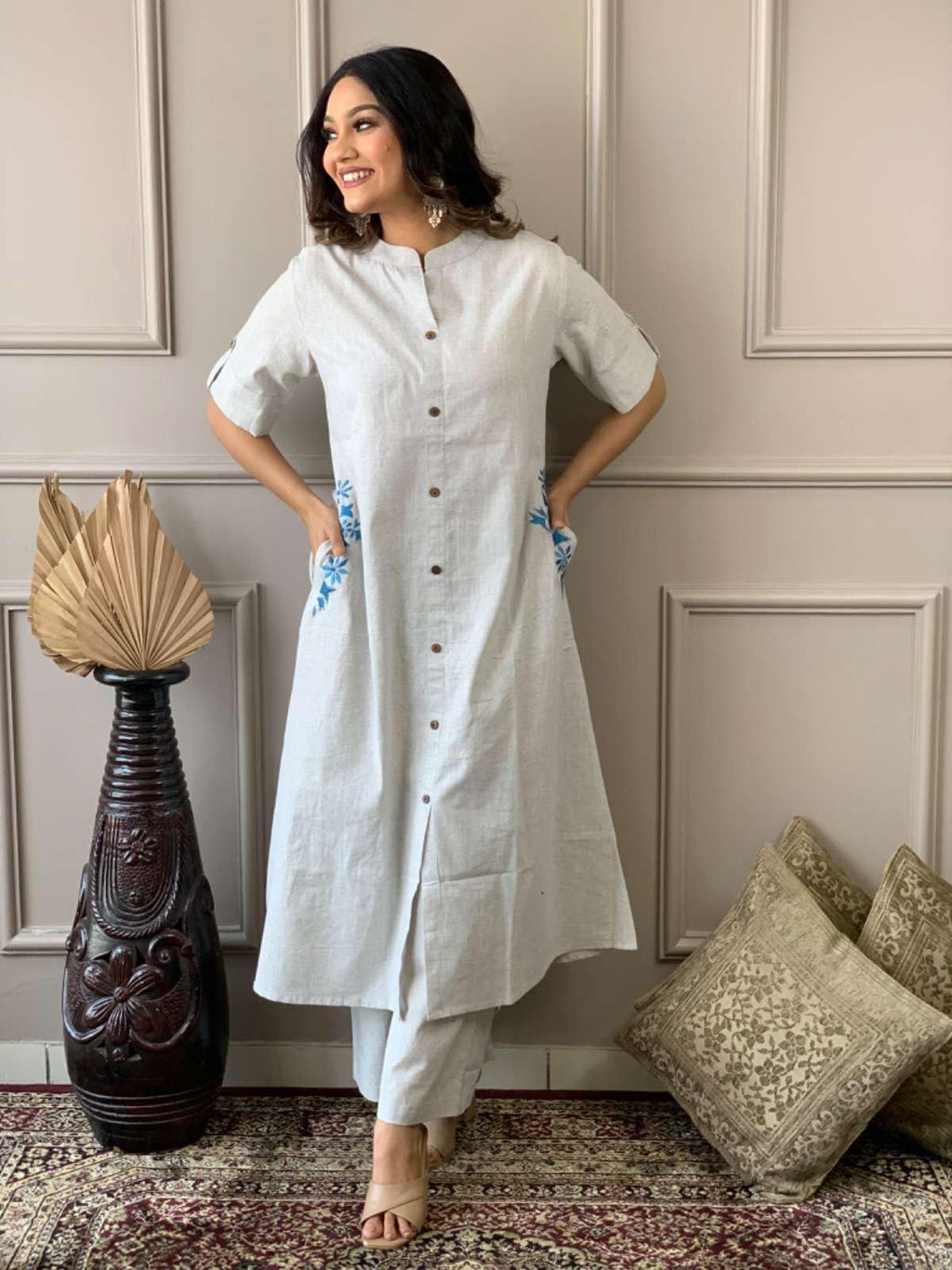 AshLova Women's Cotton Embroiderd Long A-Line Kurti with Palazzo